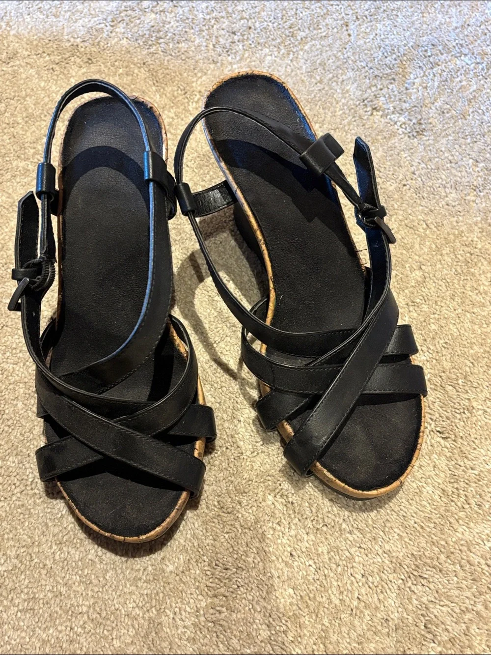 Clarks Black Wedge Sandals with Cork Accent